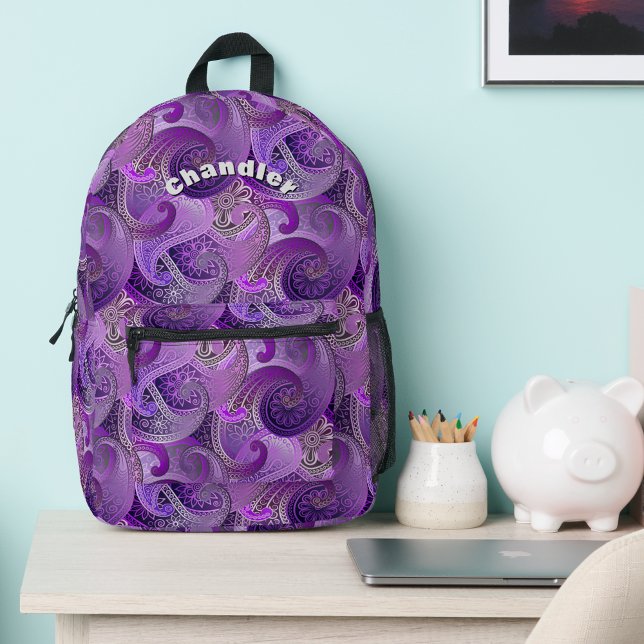 Exotic Lila Paisley Pattern mit Ihrem Namen Bedruckter Rucksack (Von Creator hochgeladen)