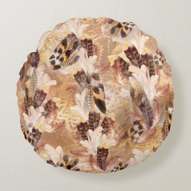 Exotic Mix Brown Tones Bird Feder Print Rundes Kissen (Vorderseite)