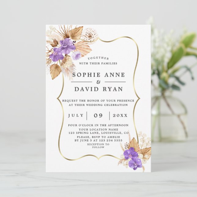 Exotic Pampas Grass Lila Orchideen Gold Hochzeit Einladung (Stehend Vorderseite)
