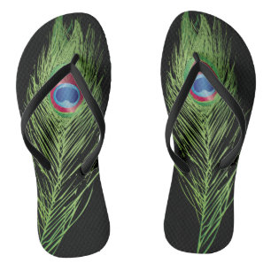 Exotic Peacock Feather on Black Flip Flops
