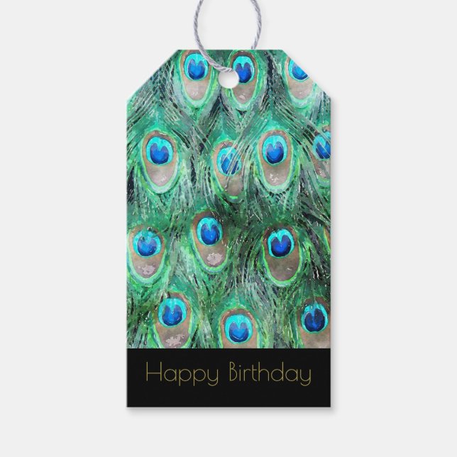 Exotic Peacock Feathers Happy Birthday Geschenkanhänger (Vorderseite)