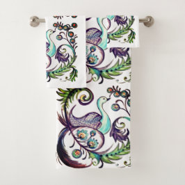 Exotic Peacock PurpleTürkis Scroll Chinoiserie Badhandtuch Set