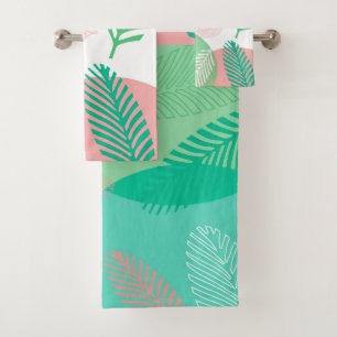 Exotic Pink Green Palm Blätter Muster Badhandtuch Set