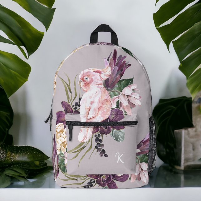 Exotic Pink Parrot Tropenfloral mit Monogramm Bedruckter Rucksack (Von Creator hochgeladen)