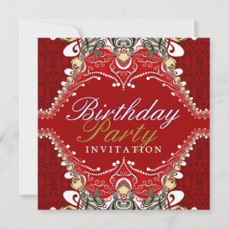 Exotic Red Batik Damask Geburtstagsparty Einladung