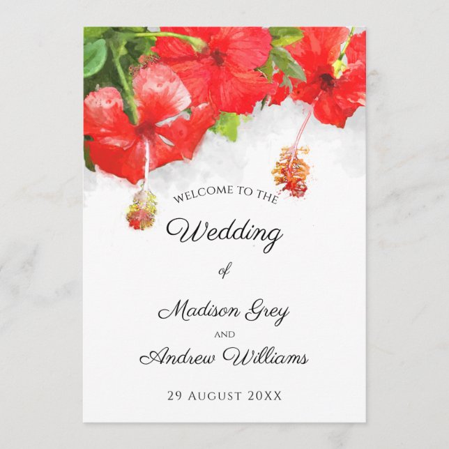 Exotic Red Hibisken Blume Art Wedding Menükarte (Vorderseite)