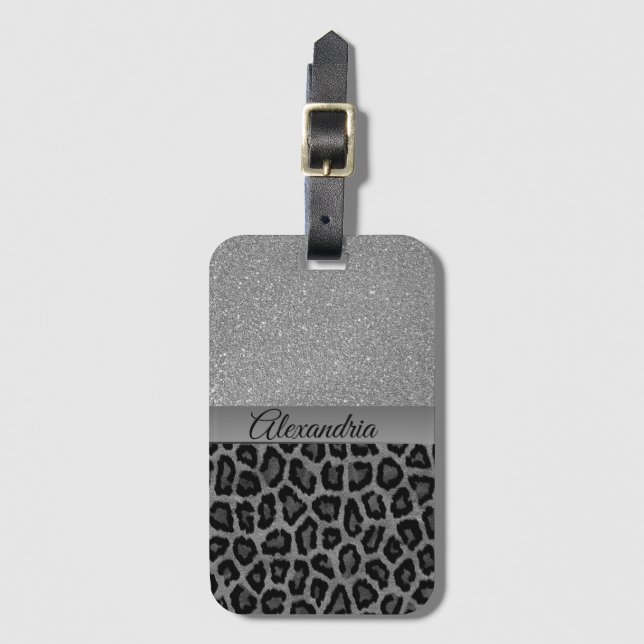 Exotic Silver Glitzer Leopard Print Gepäckanhänger (Vorderseite Vertikal)