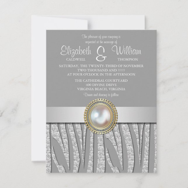 Exotic Silver Zebra Muster Hochzeit Einladung (Vorderseite)