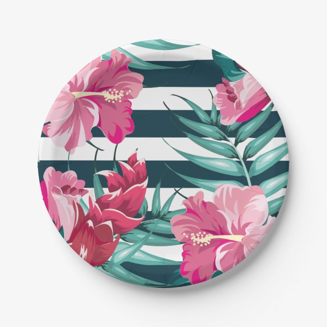 Exotic Summer Floral gestreift Pappteller (Vorderseite)