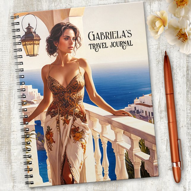 Exotic Summer Travel Journal Notizblock (Notebook featuring an elegant lady on a balcony overlooking the ocean. Great for travel notes.)