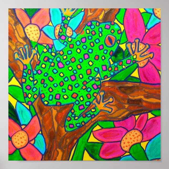 Exotic Tree Frog Tropischer Regenwald Folk Art Poster (Vorne)