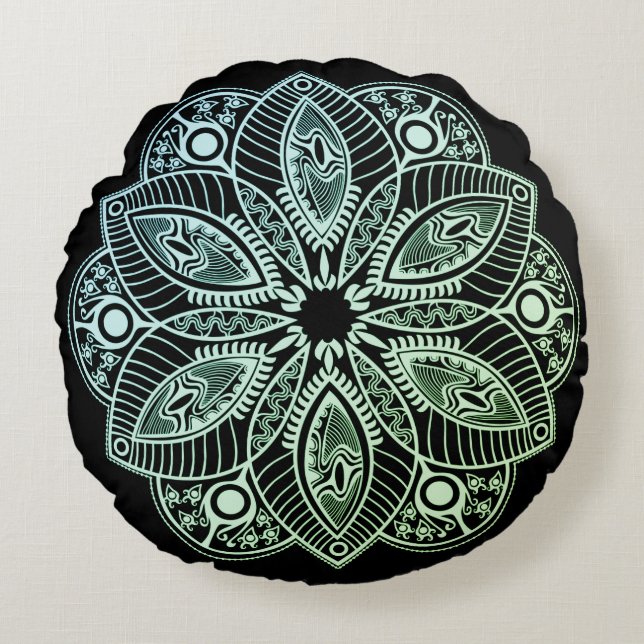 Exotic Tribal Green Gradient Mandala Rundes Kissen (Vorderseite)