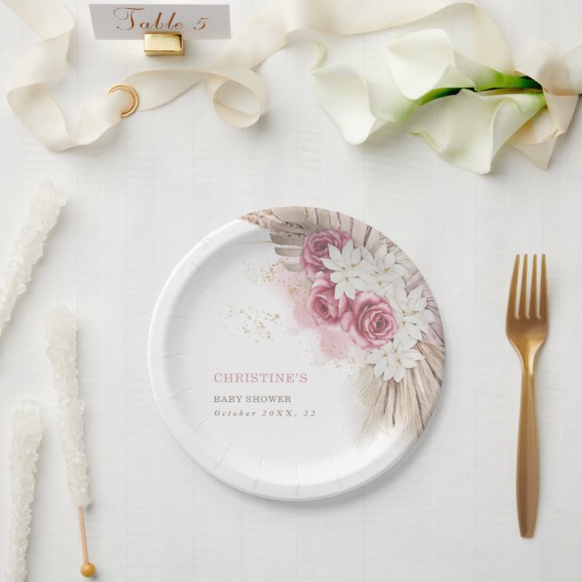 Exotic Tropical Boho Pink Roses Baby Duschpapier Pappteller (Hochzeit)