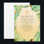 Exotic Tropical Geometric Bat Mitzvah Einladung<br><div class="desc">Sommerbat Mitzvah Einladung mit reichlich tropischer Vegetation,  strelitzia Blume,  einem Tukanvogel,  Ananas,  Eis und einem goldenen geometrischen Rahmen.</div>