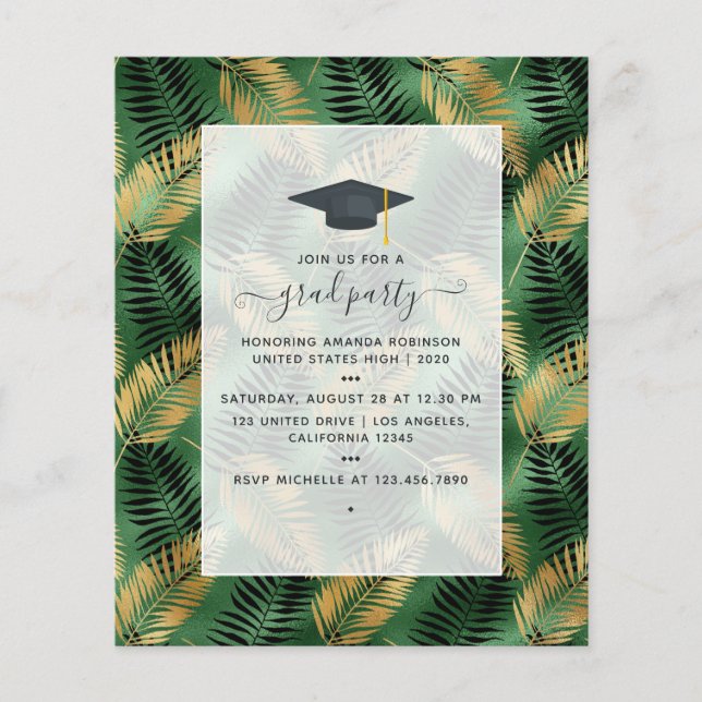 Exotic Tropical Green and Gold Graduation Party Flyer (Vorne)