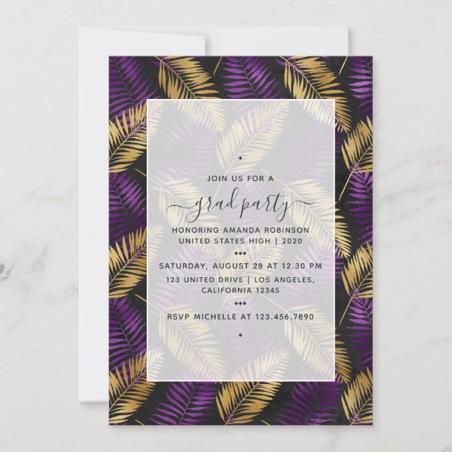 Exotic Tropical Lila and Gold Graduation Party Einladung (Vorderseite)