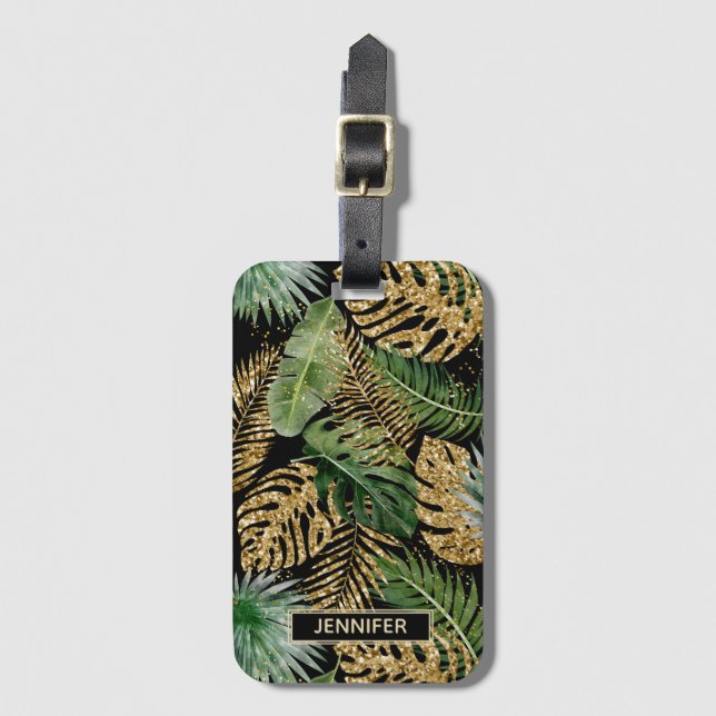 Exotic Tropical Palm Blätter Imitate Gold Glitzer  Gepäckanhänger (Vorderseite Vertikal)