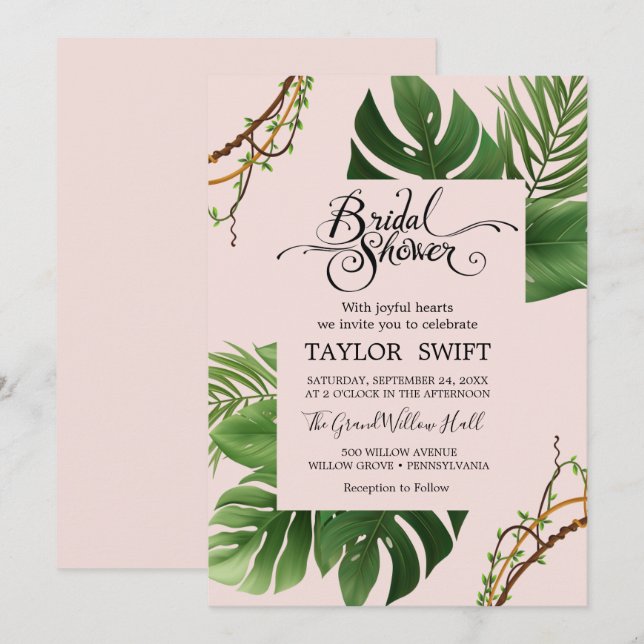 Exotic Tropical Palm | Blush Brautparty Einladung (Vorne/Hinten)