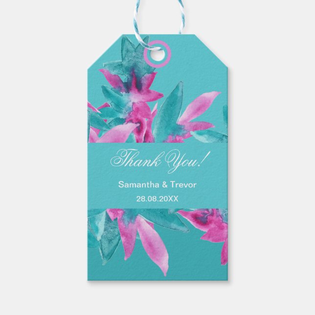 Exotic Türkis Pink Abstrakt Hawaiianische Blume Geschenkanhänger (Vorderseite)