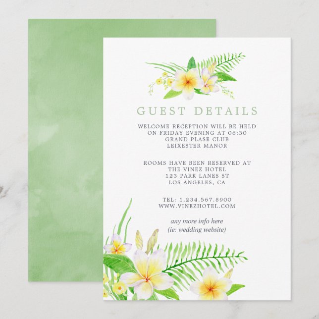 Exotic Watercolor Frangipani Wedding Guest Details Einladung (Vorne/Hinten)