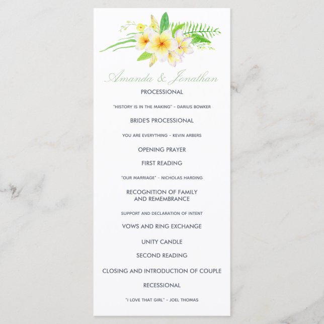Exotic Watercolor Frangipani Wedding Program Programm (Vorderseite)