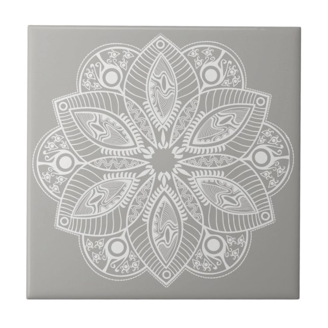 Exotic White Mandala auf grauem Hintergrund Fliese (Vorderseite)
