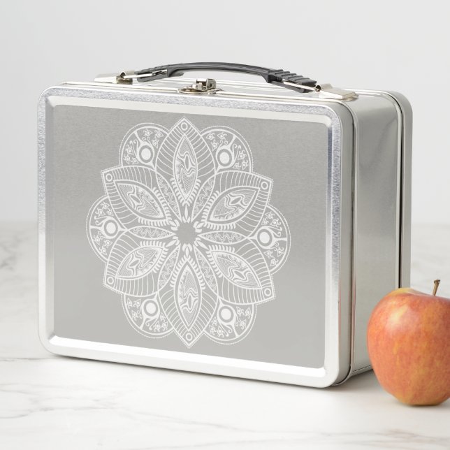 Exotic White Mandala auf grauem Hintergrund Metall Brotdose (Beispiel)