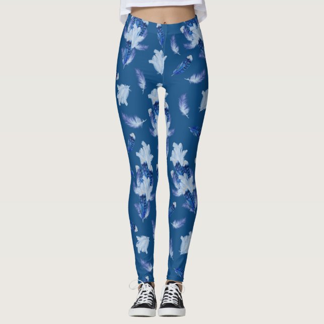 Exotic-White Parrot Blue Töne Wiederholungen Leggings (Vorderseite)