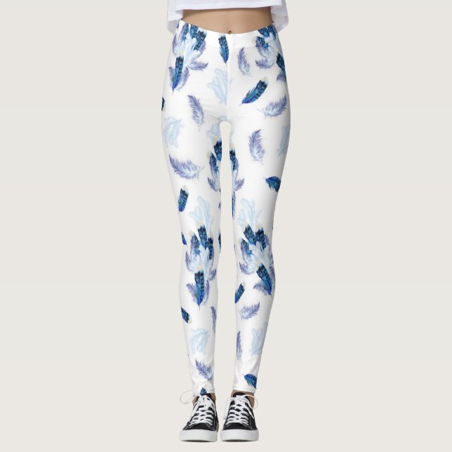 Exotic-White Parrot Blue Töne Wiederholungen Leggings (Vorderseite)