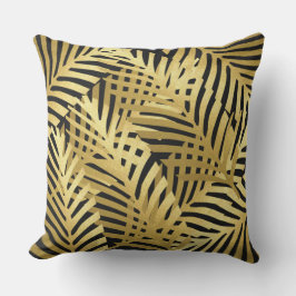 Exotic Zebra Palm Blätter Goldenes Muster auf schw Kissen