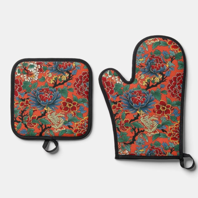 Exotik der japanischen Blumenserie Ofenhandschuh & Topflappen-Set (Vorderseite)