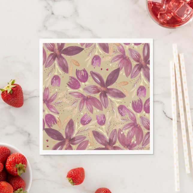 Exotische Aquarellblütenburgund und Gold Serviette (Beispiel)