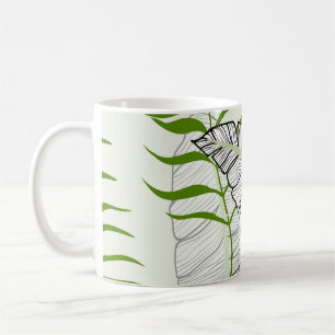 Exotische Blätter auf grünem Hintergrund. Tropenka Kaffeetasse
