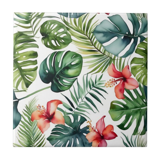 Exotische Blätter, tropische Wasserfarbe und Blume Fliese (Vorderseite)