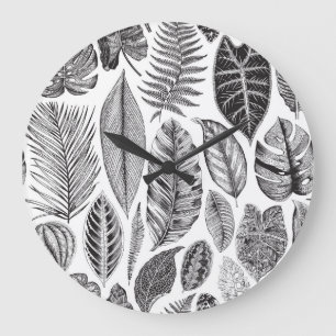 Exotische Blätter, vintage Blumenmuster schwarz un Große Wanduhr