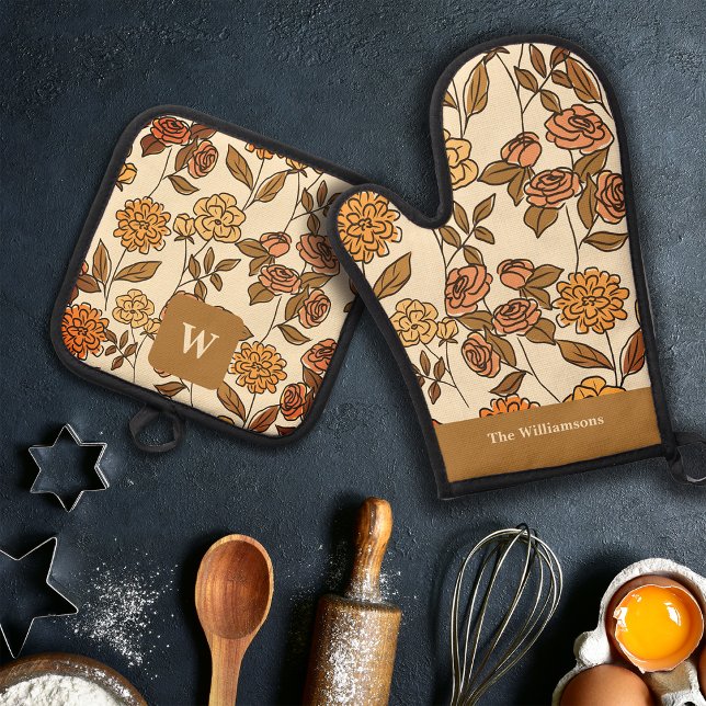 Exotische Blume im Herbst Anpassen von Monogramm Ofenhandschuh & Topflappen-Set (Von Creator hochgeladen)