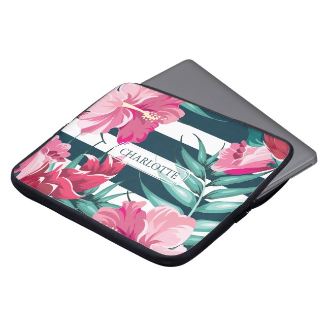 Exotische Blume Monogramm gestreift Laptopschutzhülle (Vorne Oben)