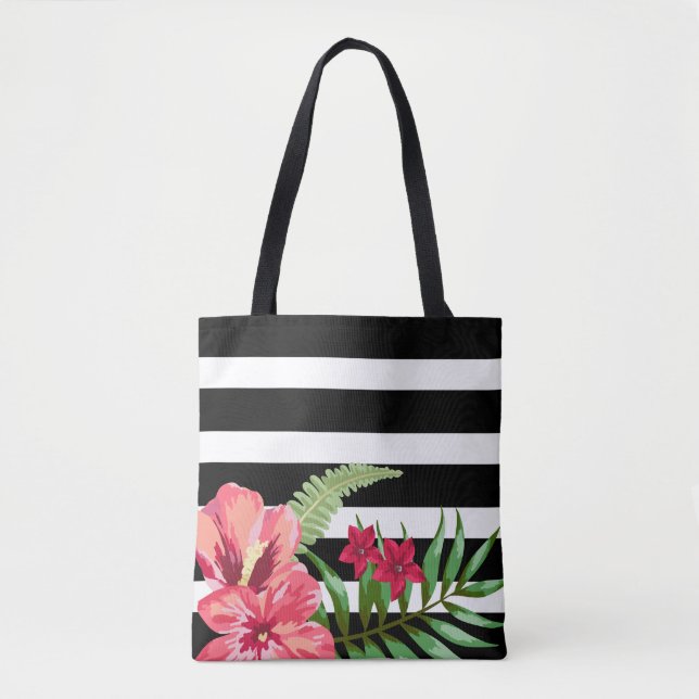 Exotische Blume und Schwarz-weiße Streifen Tasche (Vorderseite)
