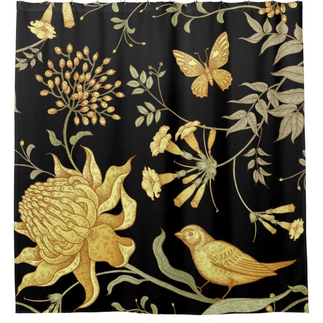 Exotische Blume Vögel Vintages Muster Duschvorhang (Vorderseite)
