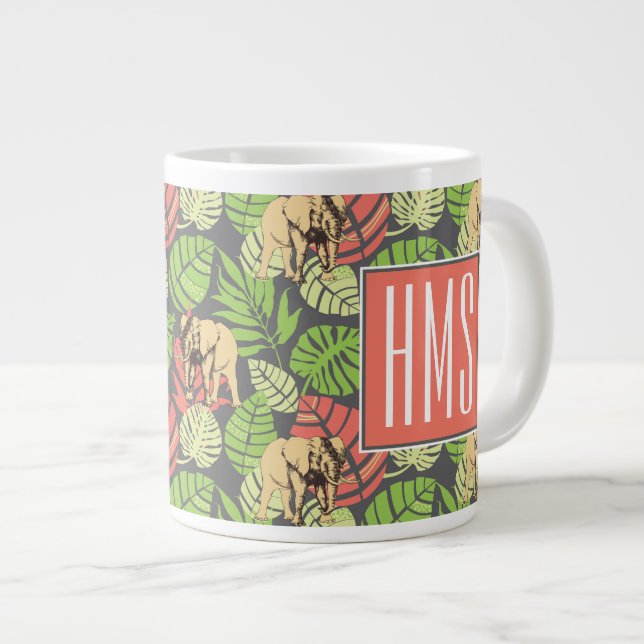 Exotische Dschungel-Blätter und Elefanten| Monogra Jumbo-Tasse (Vorderseite Rechts)