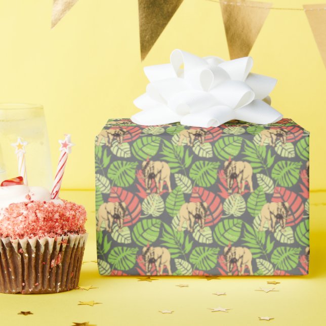 Exotische DschungelBlätter und Elefanten Geschenkpapier (Geburtstagsparty)