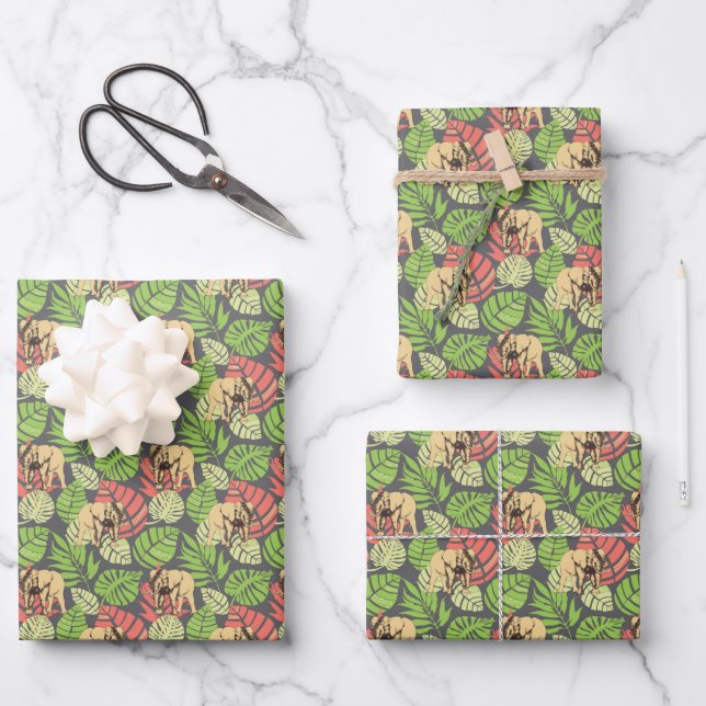Exotische DschungelBlätter und Elefanten Geschenkpapier Set (Vorderseite)