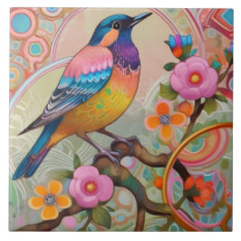 Exotische Fantasy-Vogel Pastellfarben Pink Blütenb Fliese