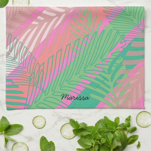 Exotische farbenfrohe Palmen Blätter Mit Monogramm Geschirrtuch (Gefaltet)