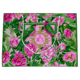 Exotische Gartenglamour Rosa und Grüne Monogramm Große Geschenktüte