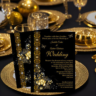 Exotische Hochzeit Schwarzer Gold-Blütenschmetterl Einladung