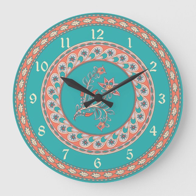 Exotische indische Aquamarine Blüte und Leaf Große Wanduhr (Vorderseite)
