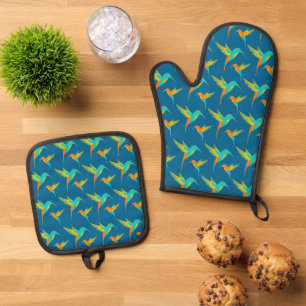 Exotische Kolibris Blaues Muster Ofenhandschuh & Topflappen-Set