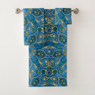 Exotische Königsblau-und Goldmonogramm-Mandala Badhandtuch Set