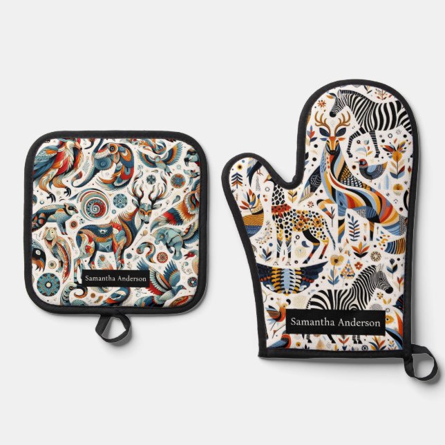 Exotische Küche: Afrikanisches Tiermuster Ofenhandschuh & Topflappen-Set (Vorderseite)